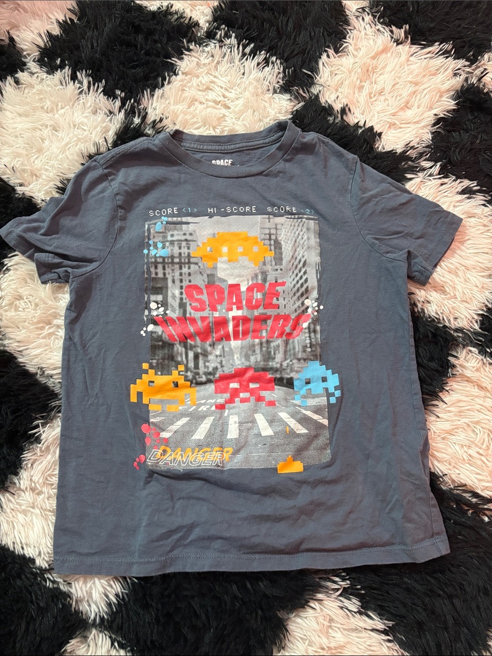 Tai Retro Arcade Space Invaders Tee - Blue with Red & Yellow Accents